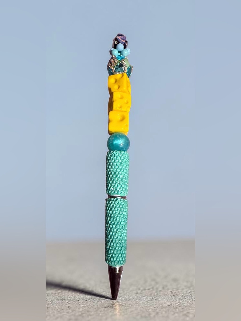 The Royal Cheese Pen 🧀👑 Handcrafted Turquoise & Yellow Beaded Pen